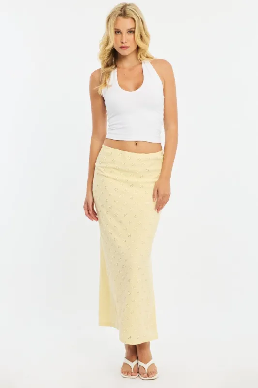 Yellow Midaxi Skirt Elastic Waisthigh Rise Stretch Eyelet sold by Ally Fashion