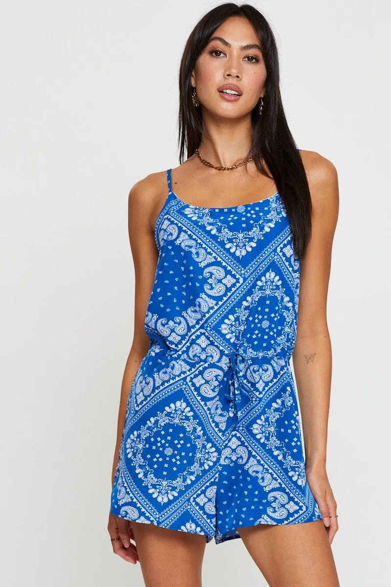 Print Tie Waist Playsuit Sleeveless Round Neck sold by Ally Fashion