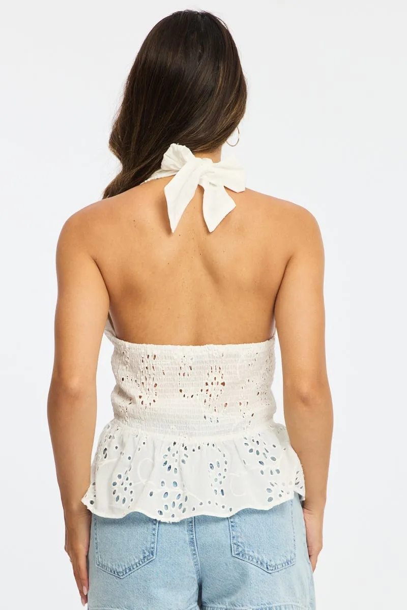 White Halter Eyelet Top Sleeveless Gathered sold by Ally Fashion product image thumbnail 4