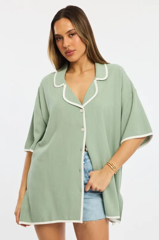Green Bias Lapel Shirt Short Sleeve Relaxed Linen Blend sold by Ally Fashion