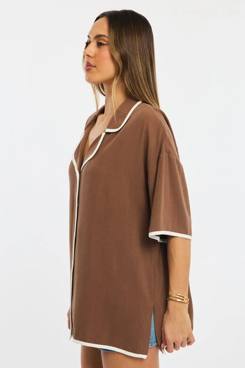 Brown Bias Lapel Shirt Short Sleeve Relaxed Linen Blend sold by Ally Fashion product image thumbnail 3