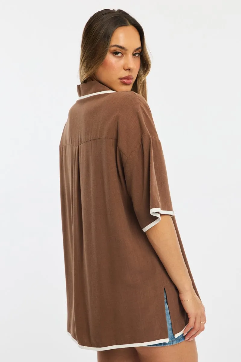 Brown Bias Lapel Shirt Short Sleeve Relaxed Linen Blend sold by Ally Fashion product image thumbnail 4
