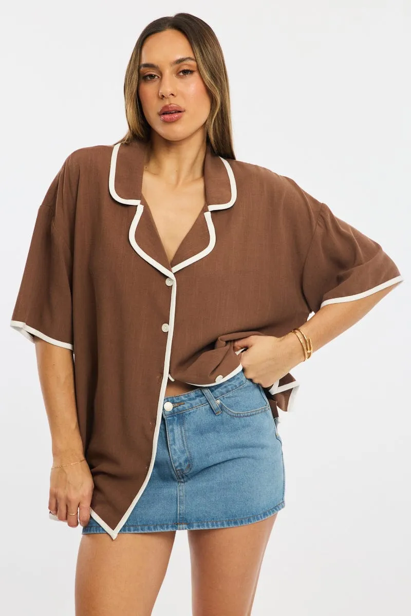 Brown Bias Lapel Shirt Short Sleeve Relaxed Linen Blend sold by Ally Fashion
