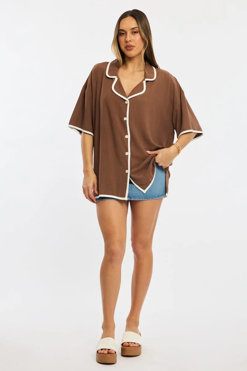 Brown Bias Lapel Shirt Short Sleeve Relaxed Linen Blend sold by Ally Fashion product image thumbnail 2