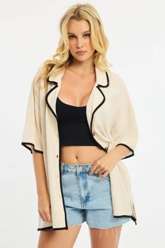 Beige Bias Lapel Shirt Short Sleeve Relaxed Linen Blend sold by Ally Fashion