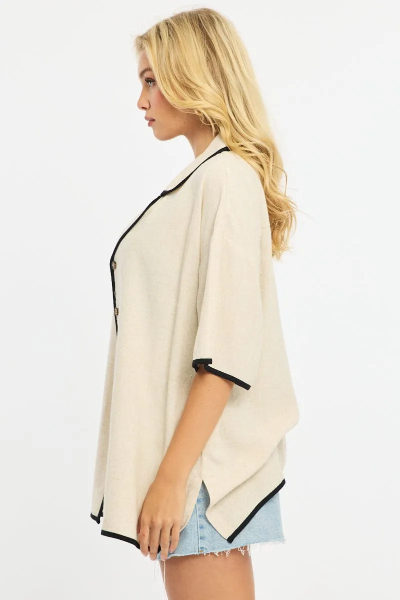 Beige Bias Lapel Shirt Short Sleeve Relaxed Linen Blend sold by Ally Fashion product image thumbnail 3