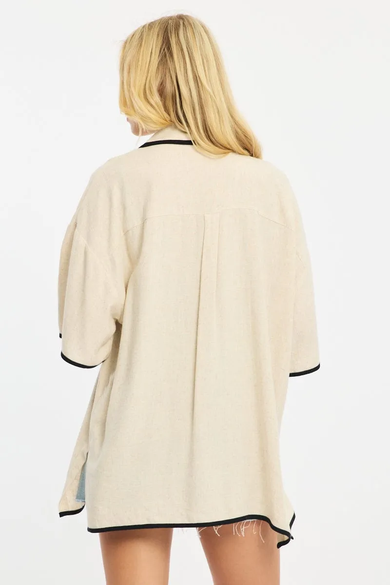 Beige Bias Lapel Shirt Short Sleeve Relaxed Linen Blend sold by Ally Fashion product image thumbnail 4
