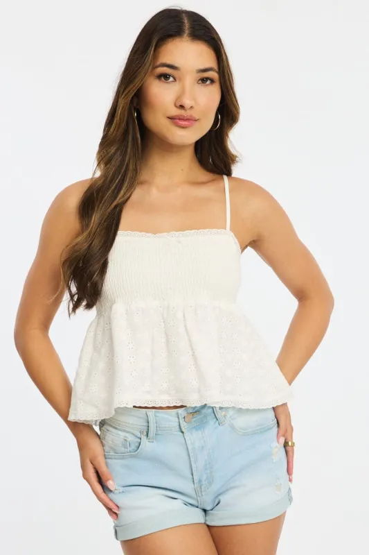 White Cami Sleeveless Square Neck Shirred Bust Eyelet sold by Ally Fashion