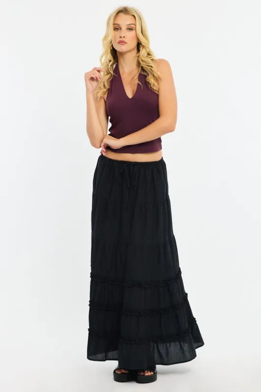 Black Maxi Skirt Elasticated Waist Tiered Frilled Detail sold by Ally Fashion