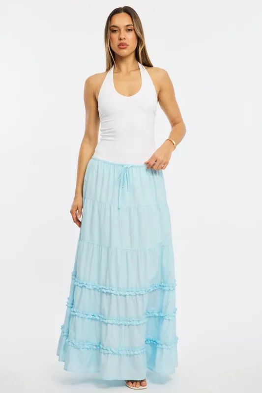 Blue Maxi Skirt Elasticated Waist Tiered Frilled Detail sold by Ally Fashion