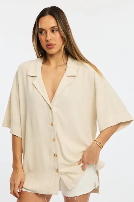 Beige Relaxed Shirt Short Sleeve Collared Linen Blend sold by Ally Fashion