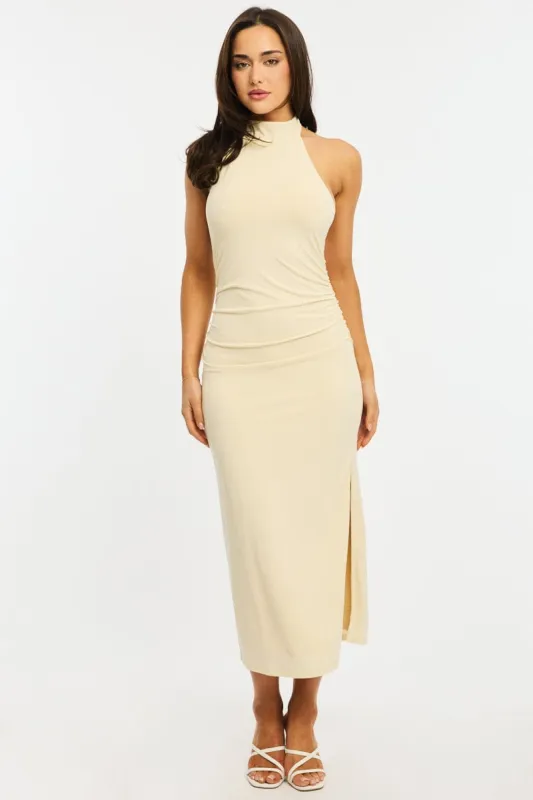Yellow Bodycon Dress High Neck Side Ruched sold by Ally Fashion