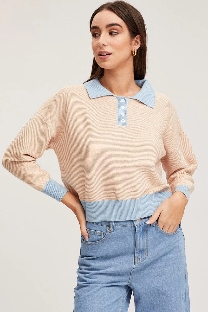 Beige Knit Top Long Sleeve Collared sold by Ally Fashion product image thumbnail 3