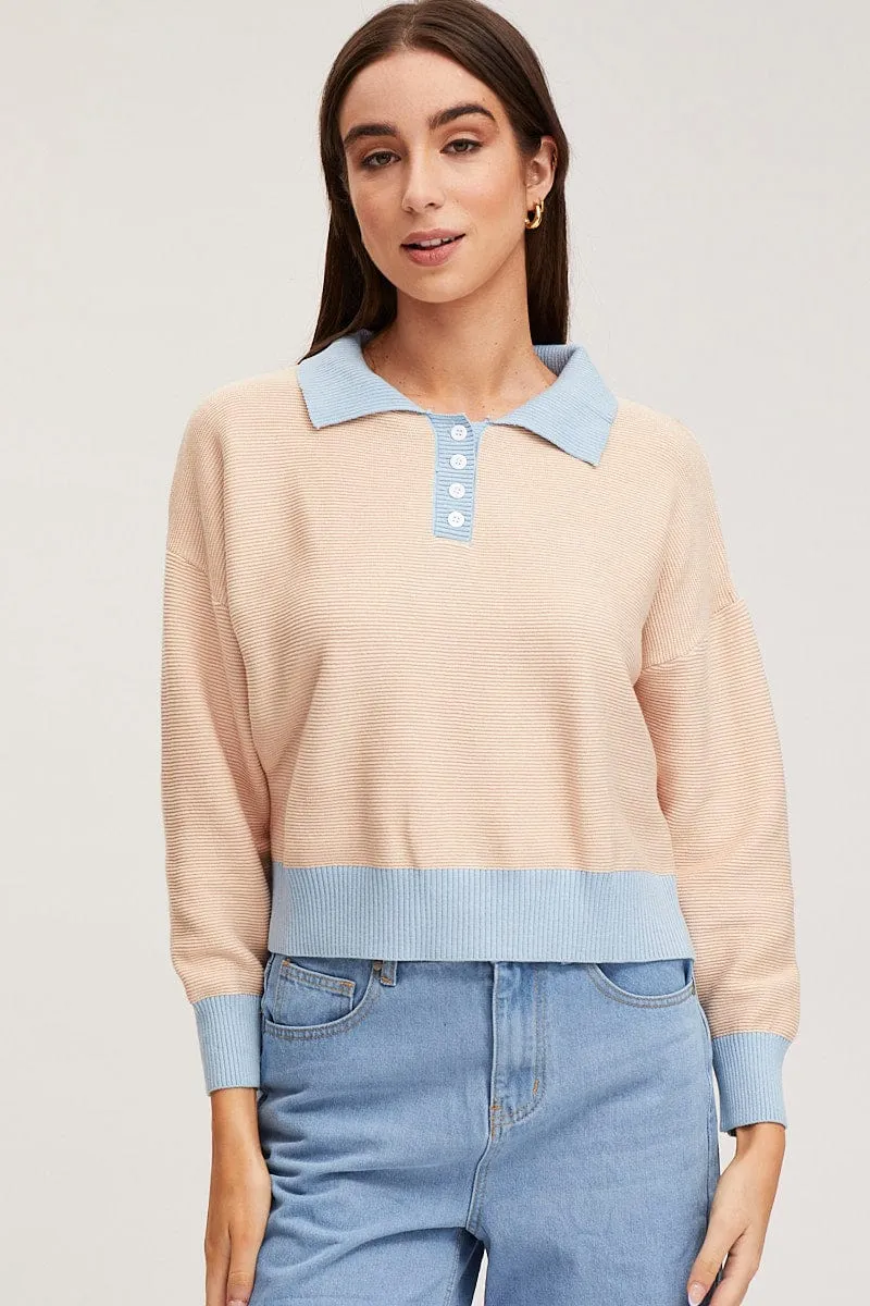 Beige Knit Top Long Sleeve Collared sold by Ally Fashion