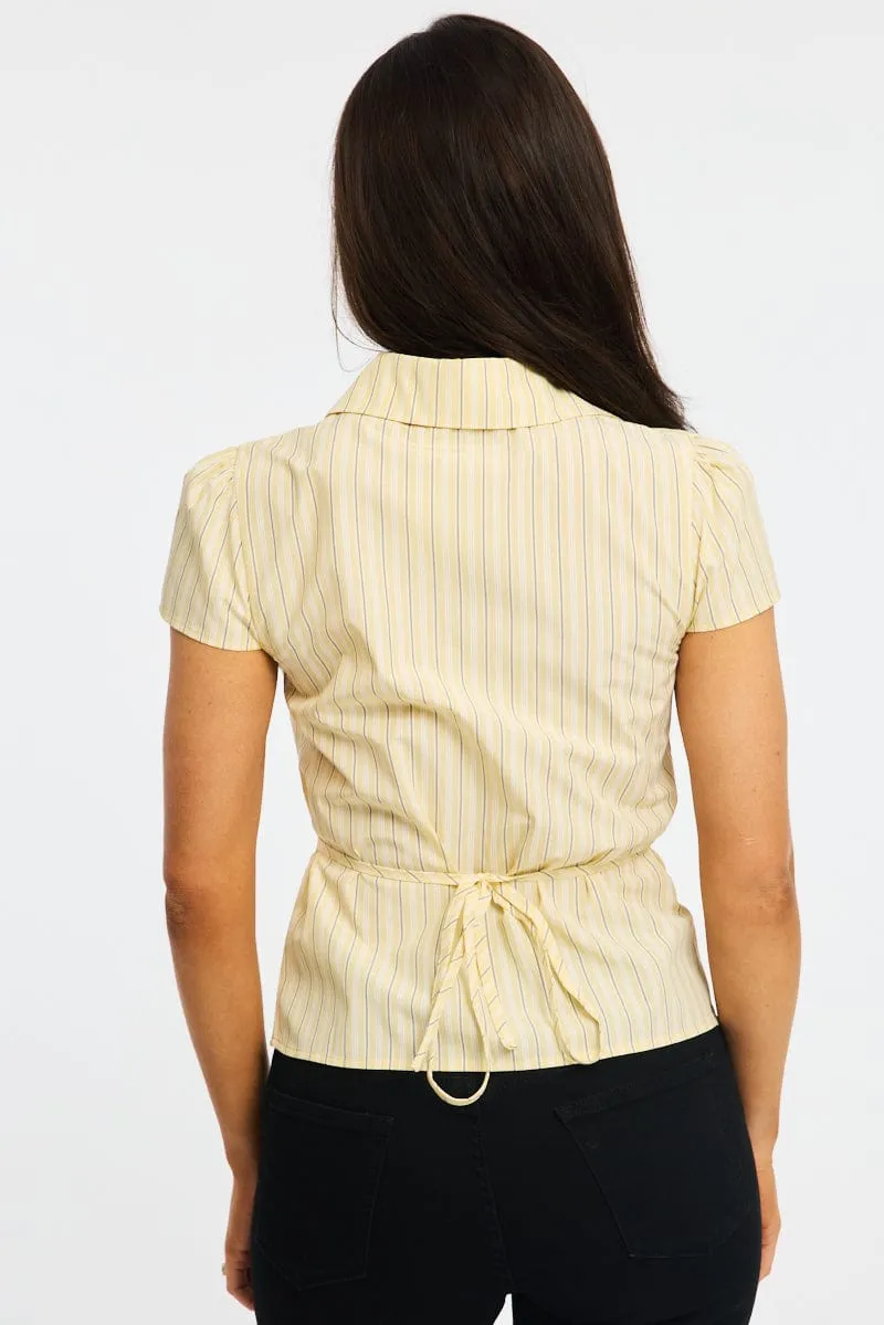 Yellow Stripe Button Up Shirt Short Sleeve Collared Tie Back sold by Ally Fashion product image thumbnail 4