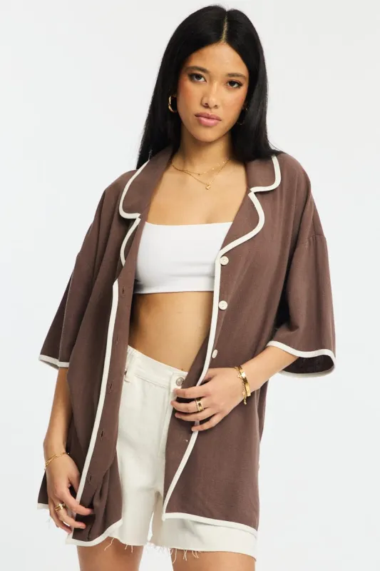 Brown Bias Lapel Shirt Short Sleeve Relaxed Linen Blend sold by Ally Fashion