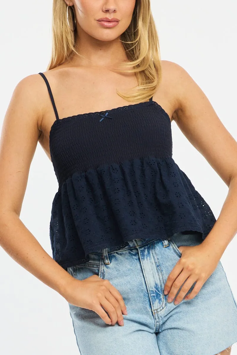 Blue Cami Sleeveless Square Neck Shirred Bust Eyelet sold by Ally Fashion product image thumbnail 5