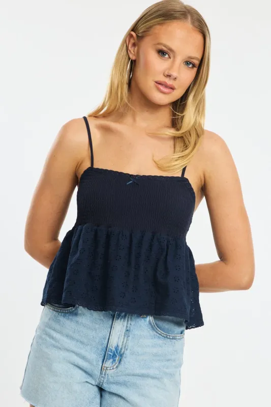 Blue Cami Sleeveless Square Neck Shirred Bust Eyelet sold by Ally Fashion
