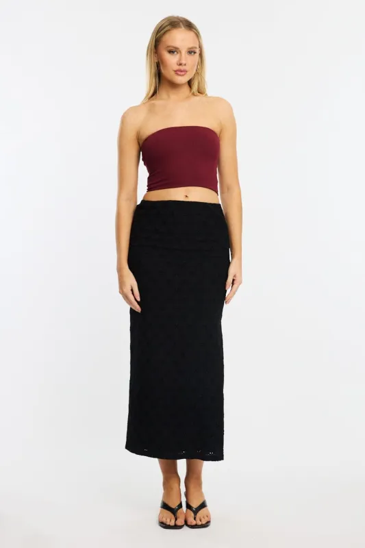 Black Midaxi Skirt Elastic Waisthigh Rise Stretch Eyelet sold by Ally Fashion