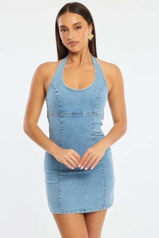 Denim Bodycon Dress Halter Neck Mini sold by Ally Fashion