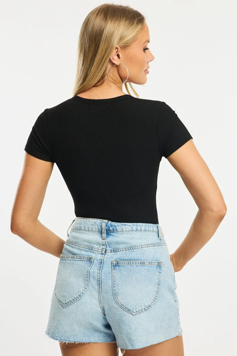 Black Bodysuit Short Sleeve Button Front Rib sold by Ally Fashion product image thumbnail 5