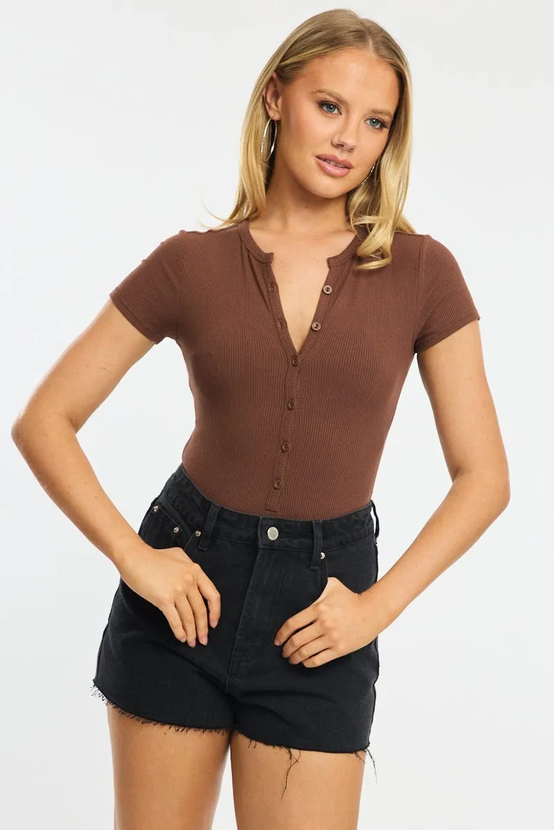 Brown Bodysuit Short Sleeve Button Front Rib sold by Ally Fashion