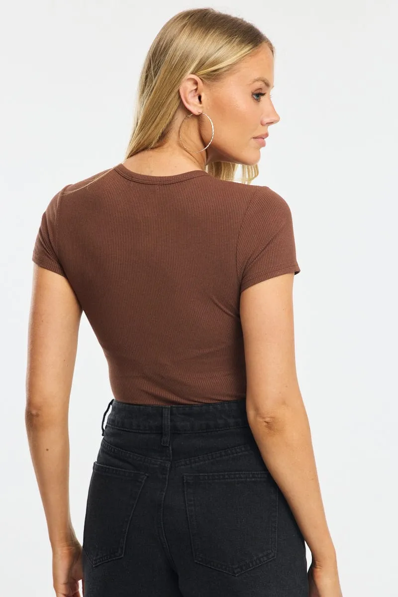 Brown Bodysuit Short Sleeve Button Front Rib sold by Ally Fashion product image thumbnail 5