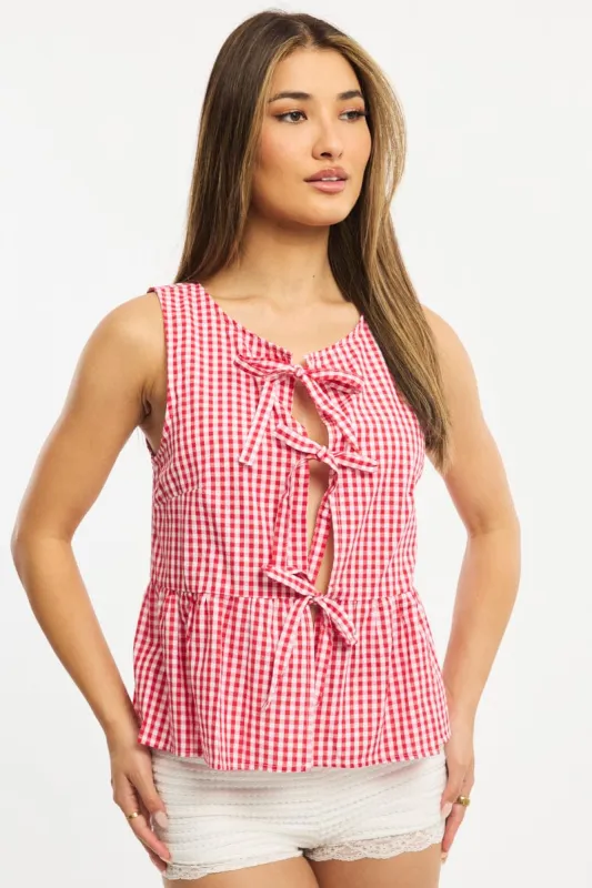 Red Check Sleeveless Tie Top sold by Ally Fashion