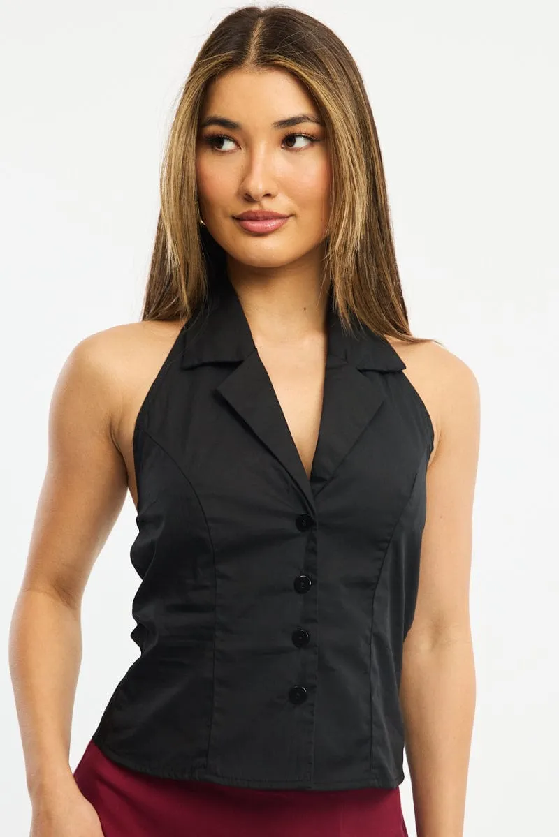 Black Halter Shirt Top Sleeveless Collared Button Up sold by Ally Fashion