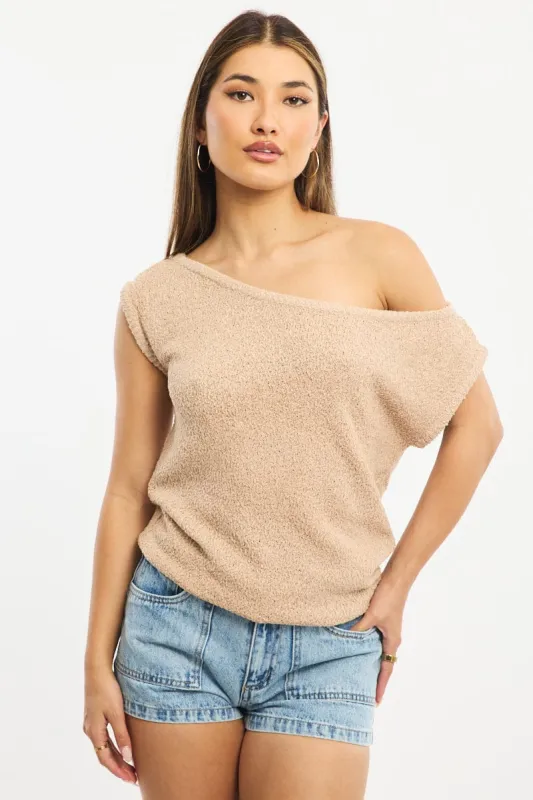 Beige Asymmetrical Knit Top sold by Ally Fashion