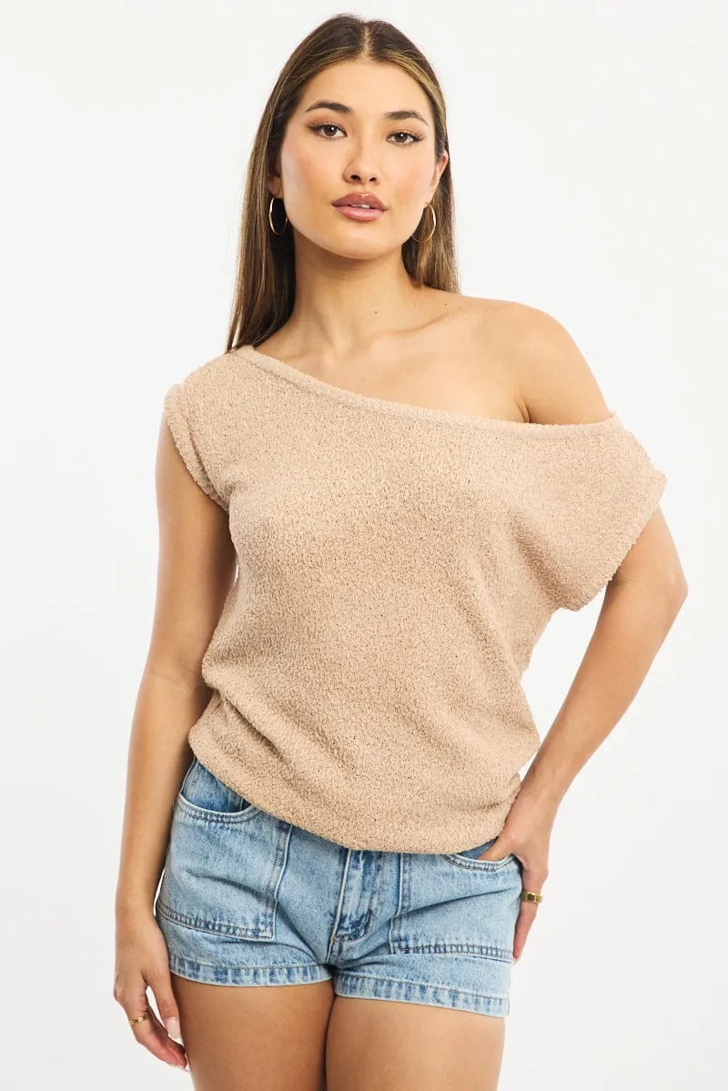 Beige Asymmetrical Knit Top sold by Ally Fashion