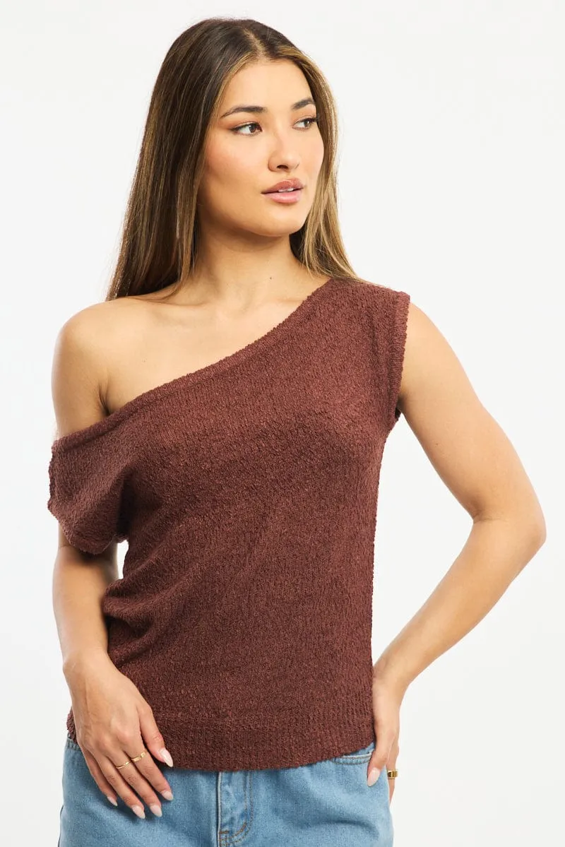 Brown Asymmetrical Knit Top sold by Ally Fashion