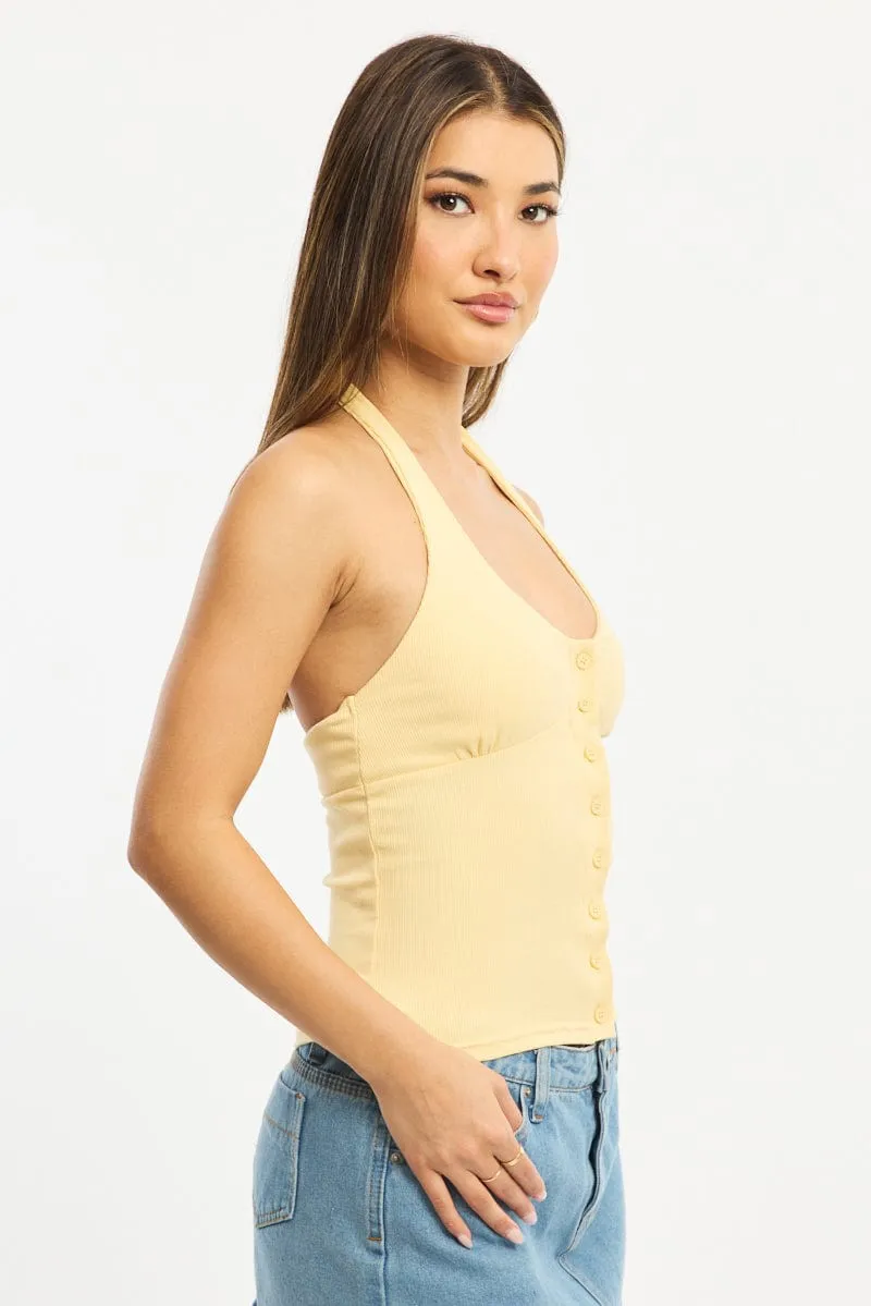 Yellow Halter Neck Top Button Front Rib sold by Ally Fashion product image thumbnail 3