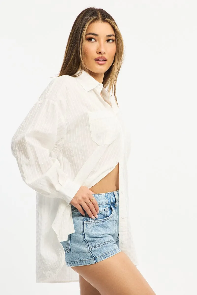 White Long Sleeve Shirt Button Up Collared Self-striped sold by Ally Fashion product image thumbnail 3