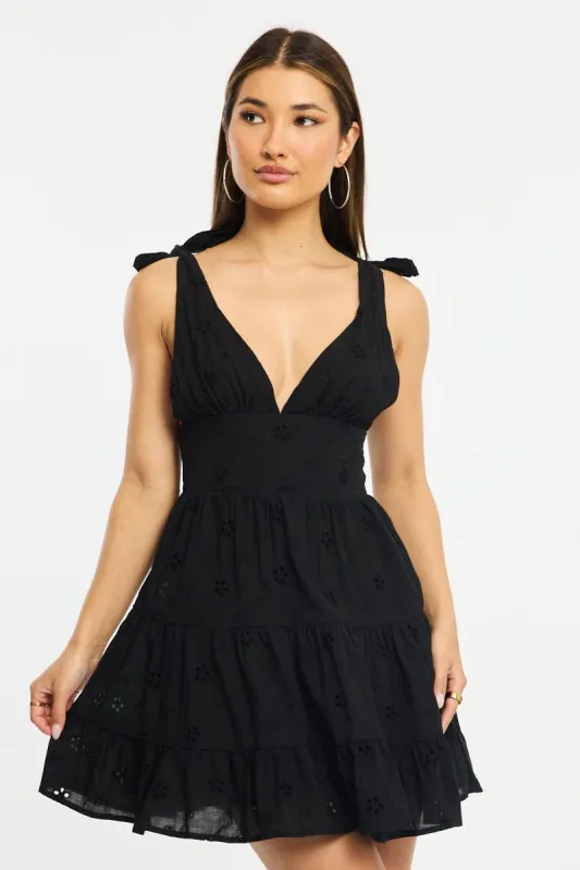 Black Fit And Flare Dress Shoulder Tie Eyelet Fabric sold by Ally Fashion