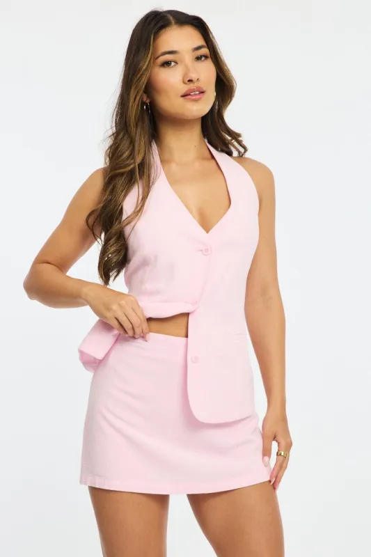 Pink Linen Blend Mini Skort High Rise Shorts Lined sold by Ally Fashion