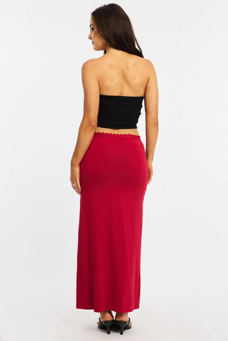 Red Maxi Skirt Elastic Waist Lace Trim Detail Lined sold by Ally Fashion product image thumbnail 4