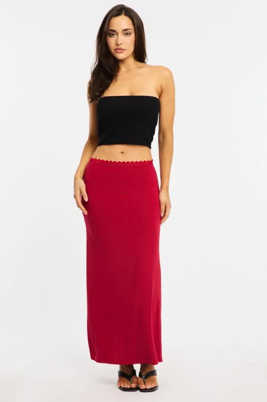 Red Maxi Skirt Elastic Waist Lace Trim Detail Lined sold by Ally Fashion