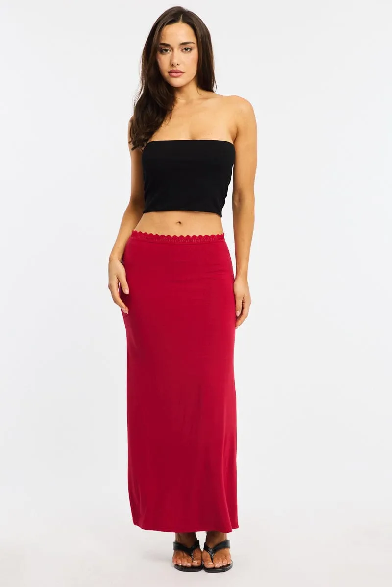 Red Maxi Skirt Elastic Waist Lace Trim Detail Lined sold by Ally Fashion