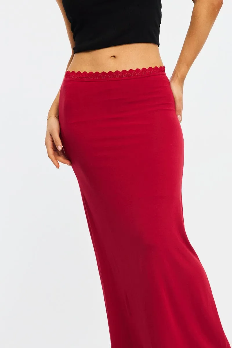 Red Maxi Skirt Elastic Waist Lace Trim Detail Lined sold by Ally Fashion product image thumbnail 5