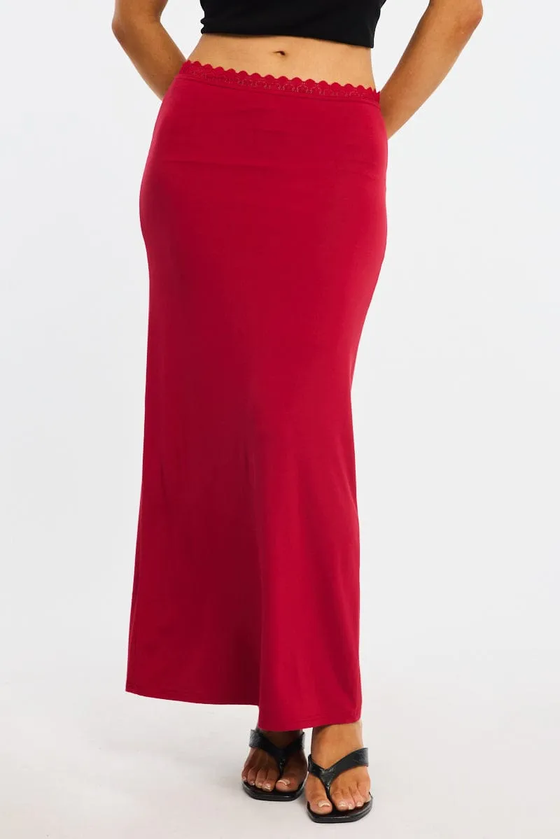 Red Maxi Skirt Elastic Waist Lace Trim Detail Lined sold by Ally Fashion product image thumbnail 2