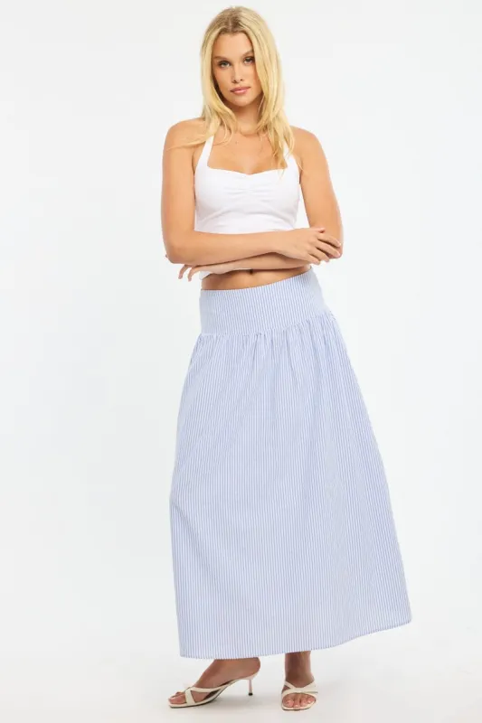 Blue Stripe Maxi Skirt Drop Waist Shirred Back sold by Ally Fashion