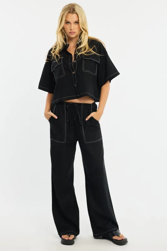 Black Wide Leg Pants Contrast Stitch sold by Ally Fashion