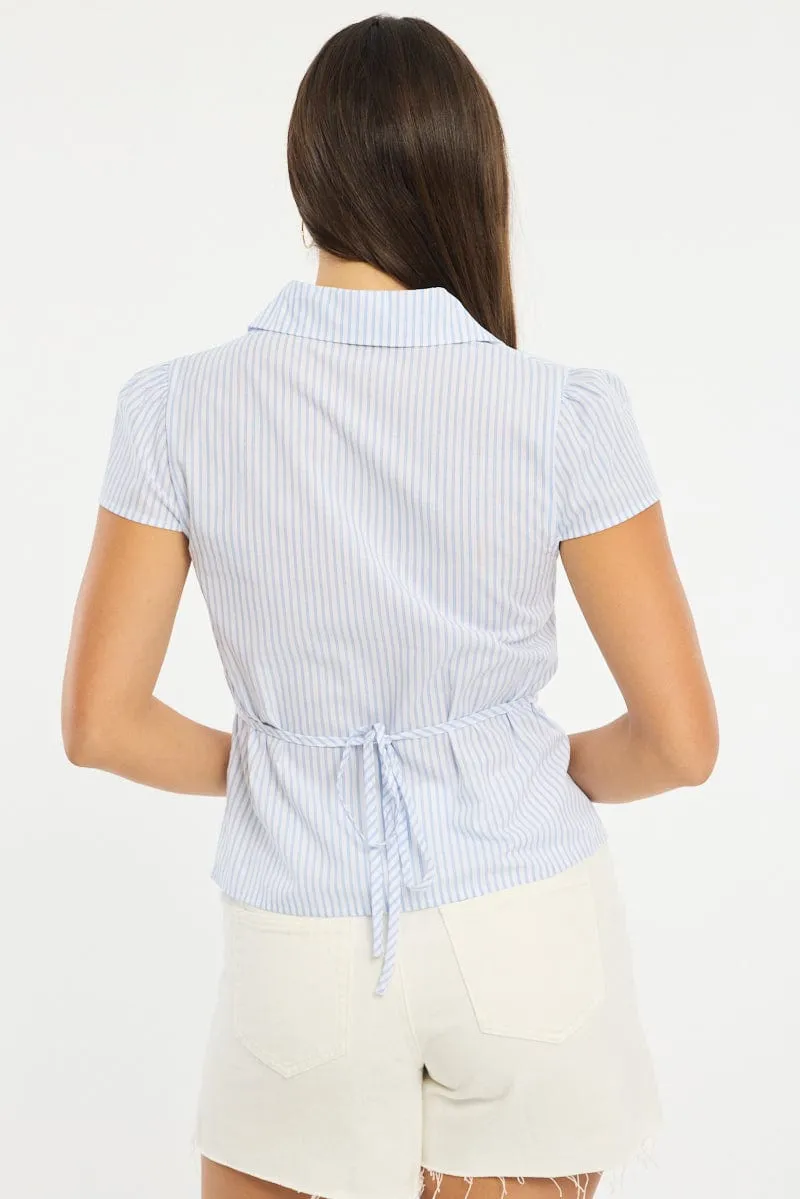 Blue Stripe Button Up Shirt Short Sleeve Collared Tie Back sold by Ally Fashion product image thumbnail 4