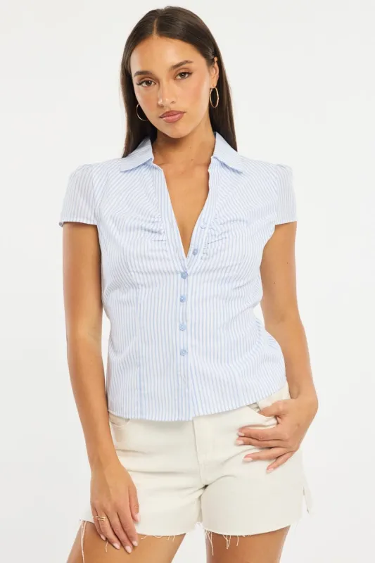 Blue Stripe Button Up Shirt Short Sleeve Collared Tie Back sold by Ally Fashion