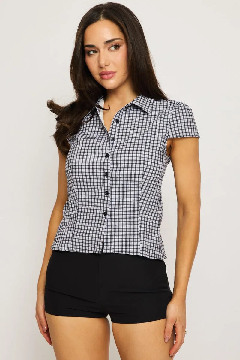 Black Check Short Sleeve Shirt Collared Button Up Lined sold by Ally Fashion