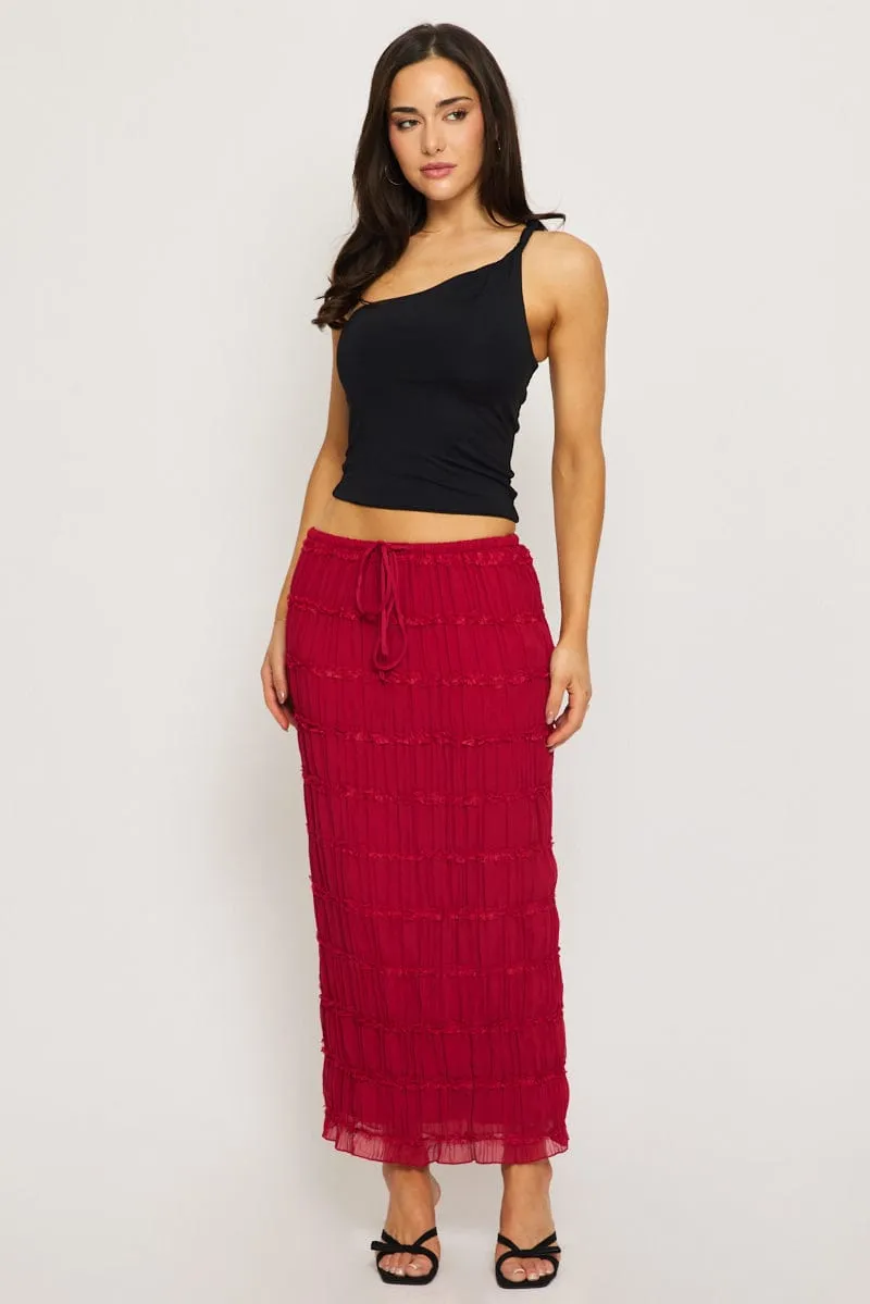 Red Textured Maxi Skirt Elastic Waist Lined sold by Ally Fashion