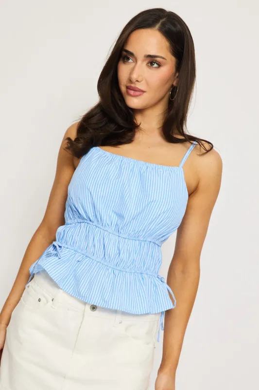 Blue Stripe Ruched Cami Sleeveless Boat Neck Side Tie Poplin sold by Ally Fashion