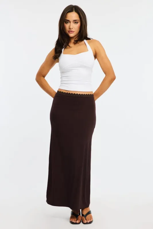 Brown Maxi Skirt Elastic Waist Lace Trim Detail Lined sold by Ally Fashion