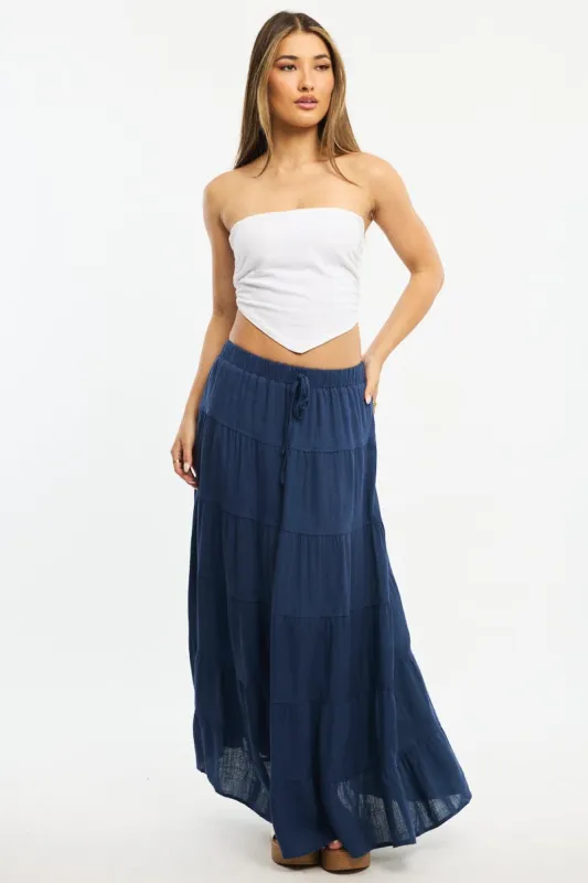 Blue Maxi Skirt Tiered High Rise Linen Blend sold by Ally Fashion